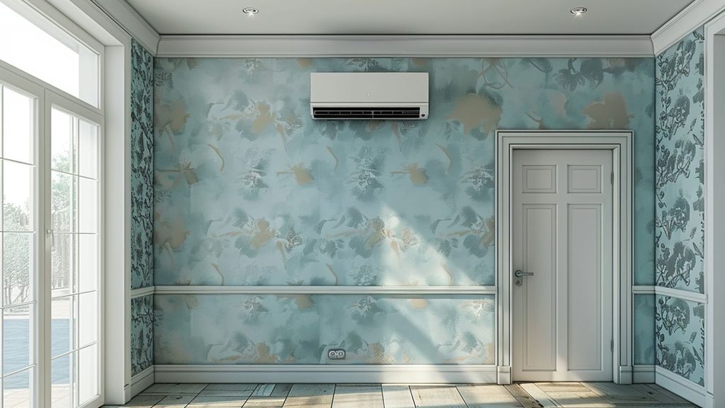 Air conditioning unit installed on a wall of an empty room with new blue wallpaper